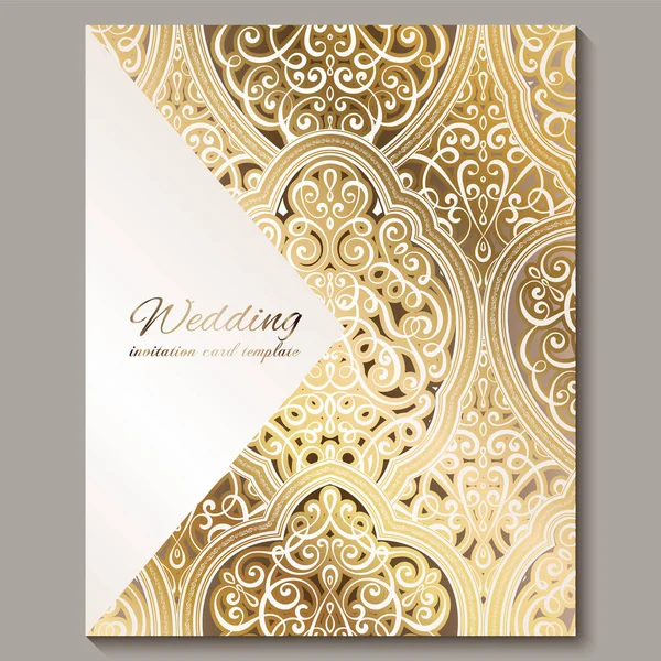 Свадебный пригласительный билет с золотой блестящей восточной и богатой барокко листвы. Украшенный ислам фон для вашего дизайна. Ислам, арабский, индийский, Дубай . — стоковый вектор