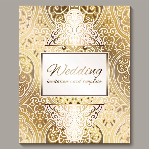 Biglietto d'invito di nozze con oro lucido orientale e ricco fogliame barocco. Sfondo islamico decorato per il vostro disegno. Islam, Arabo, Indiano, Dubai . — Vettoriale Stock