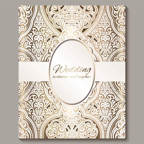 Cartão de convite de casamento com ouro brilhante oriental e barroco rica folhagem. Ornate fundo islâmico para o seu projeto. Islã, árabe, indiano, Dubai . —  Vetores de Stock