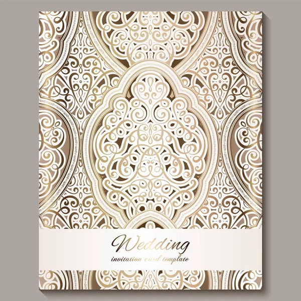 Carte de invitație de nuntă cu frunze bogate în aur strălucitor de est și baroc. Fundal islamic ornamental pentru designul tău. Islam, Arabic, Indian, Dubai . — Vector de stoc