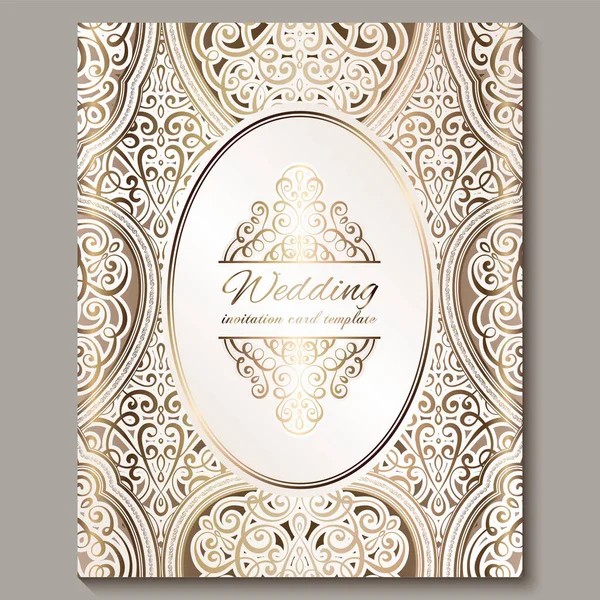 Bruiloft uitnodigingskaart met gouden glanzend oostelijke en barokke rijke gebladerte. Sierlijke islamitische achtergrond voor je ontwerp. Islam, Arabic, Indian, Dubai. — Stockvector