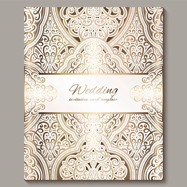 Tarjeta de invitación de boda con oro brillante follaje rico oriental y barroco. Fondo islámico adornado para su diseño. Islam, árabe, indio, Dubai . — Vector de stock