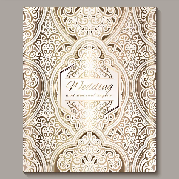 Προσκλητήριο γάμου με χρυσό γυαλιστερό Ανατολικής και μπαρόκ πλούσιο φύλλωμα. Περίτεχνα ισλαμική υπόβαθρο για το σχεδιασμό σας. Ισλάμ, Αραβική, ινδική, Ντουμπάι. — Διανυσματικό Αρχείο