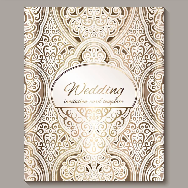 Wedding invitation card with gold shiny eastern and baroque rich foliage. Ornate islamic background for your design. Islam, Arabic, Indian, Dubai. — Stock Vector