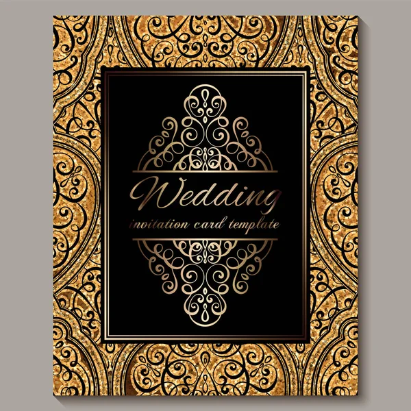 Siyah ve altın parlak doğu ve ışıltılı glitter ile barok zengin yaprakları ile Düğün davetiye kartı. Tasarımınız için süslü İslami arka plan. İslam, Arapça, Hint, Dubai. — Stok Vektör
