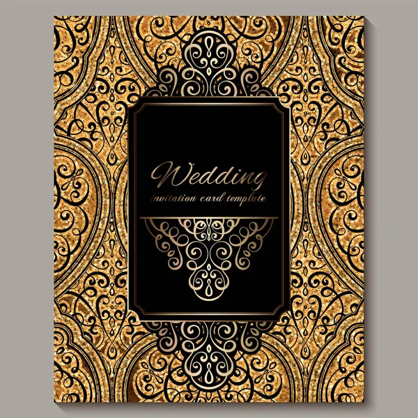 Wedding invitation card with black and gold shiny eastern and baroque rich foliage with sparkly glitter. Ornate islamic background for your design. Islam, Arabic, Indian, Dubai. — Stock Vector