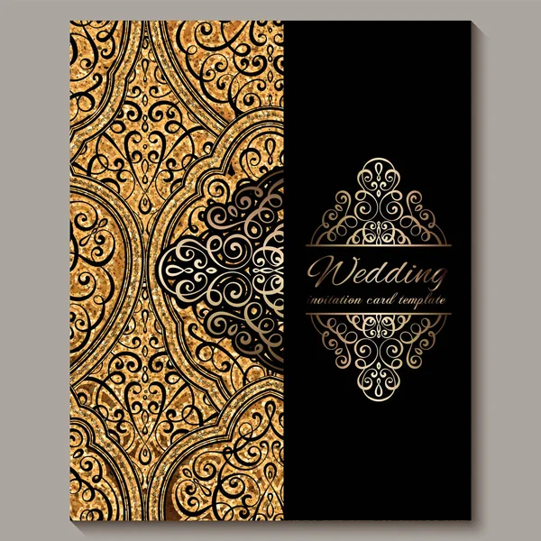 Biglietto d'invito di nozze con fogliame orientale e barocco lucido nero e oro con brillantini scintillanti. Sfondo islamico decorato per il vostro disegno. Islam, Arabo, Indiano, Dubai . — Vettoriale Stock