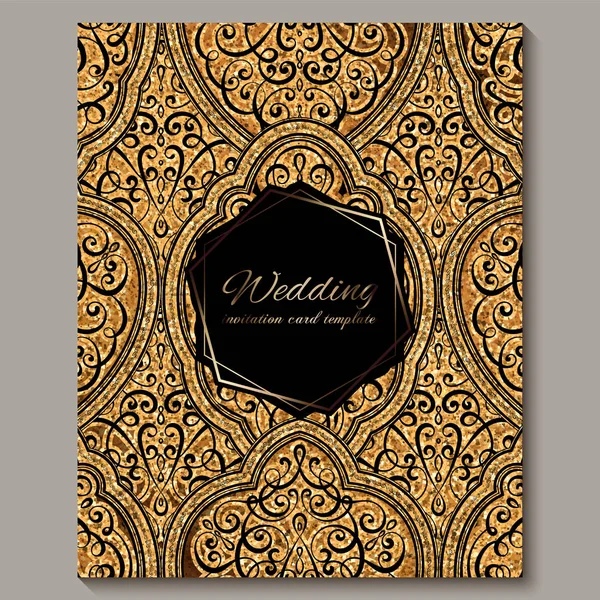 Wedding invitation card with black and gold shiny eastern and baroque rich foliage with sparkly glitter. Ornate islamic background for your design. Islam, Arabic, Indian, Dubai. — Stock Vector