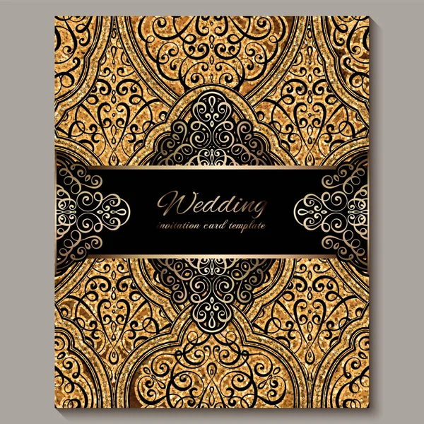 Tarjeta de invitación de boda con negro y oro brillante follaje rico oriental y barroco con brillo brillante. Fondo islámico adornado para su diseño. Islam, árabe, indio, Dubai . — Vector de stock