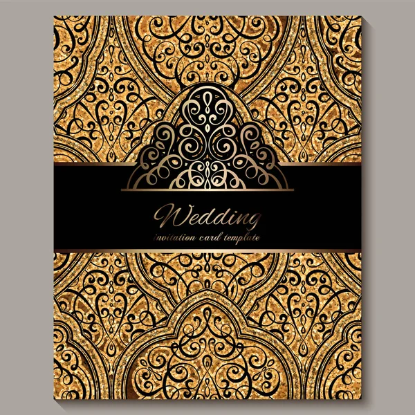 Wedding invitation card with black and gold shiny eastern and baroque rich foliage with sparkly glitter. Ornate islamic background for your design. Islam, Arabic, Indian, Dubai. — Stock Vector