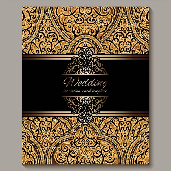 Cartão de convite de casamento com preto e ouro brilhante oriental e barroco rica folhagem com brilho brilhante. Ornate fundo islâmico para o seu projeto. Islã, árabe, indiano, Dubai . — Vetor de Stock