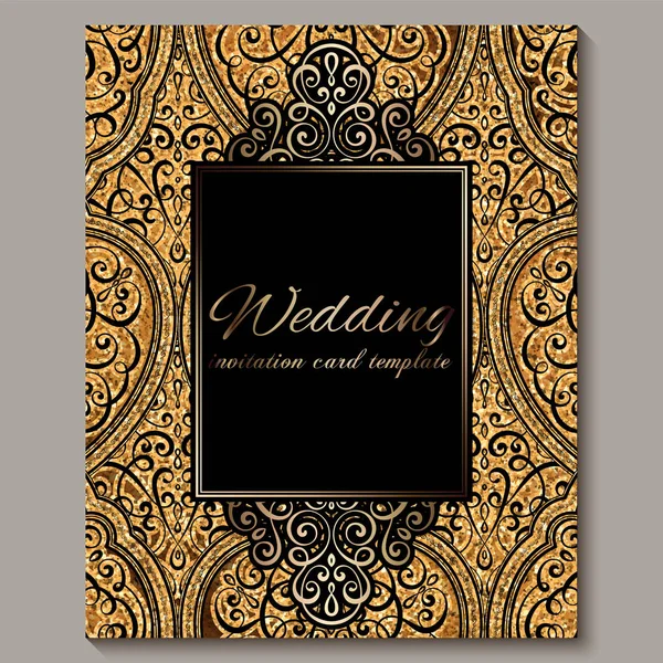 Bröllop inbjudningskort med svart och guld glänsande östra och barocka rika lövverk med glittrigt glitter. Utsmyckade islamisk bakgrund för din design. Islam, arabiska, indiska, Dubai. — Stock vektor