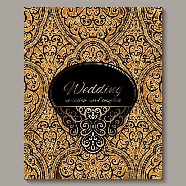 Wedding invitation card with black and gold shiny eastern and baroque rich foliage with sparkly glitter. Ornate islamic background for your design. Islam, Arabic, Indian, Dubai. — Stock Vector