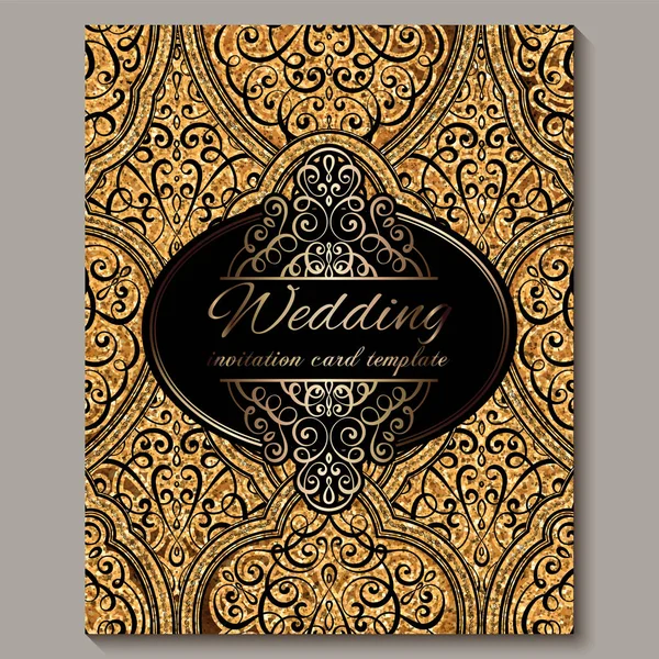 Siyah ve altın parlak doğu ve ışıltılı glitter ile barok zengin yaprakları ile Düğün davetiye kartı. Tasarımınız için süslü İslami arka plan. İslam, Arapça, Hint, Dubai. — Stok Vektör