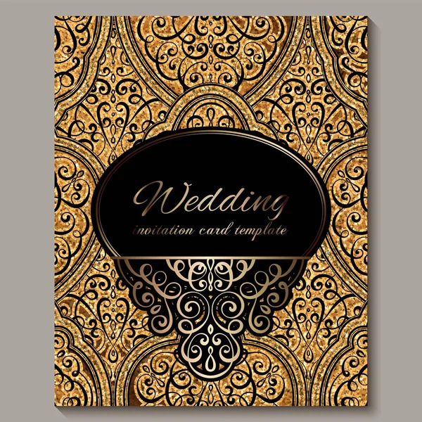 Bruiloft uitnodigingskaart met zwart en goud glanzend Oosterse en barokke rijke loof met sparkly glitter. Sierlijke islamitische achtergrond voor uw ontwerp. Islam, Arabisch, Indisch, Dubai. — Stockvector
