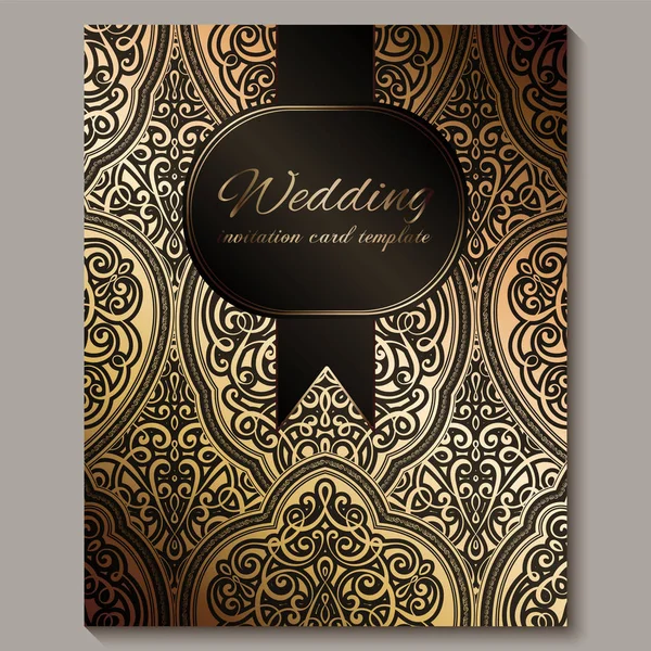 Biglietto d'invito al matrimonio con fogliame nero e oro lucido orientale e barocco ricco. Sfondo islamico decorato per il vostro disegno. Islam, Arabo, Indiano, Dubai . — Vettoriale Stock