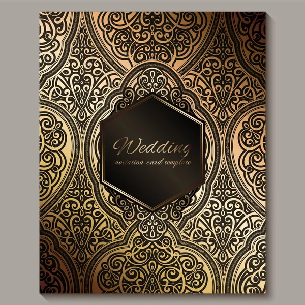 Wedding invitation card with black and gold shiny eastern and baroque rich foliage. Ornate islamic background for your design. Islam, Arabic, Indian, Dubai. — Stock Vector