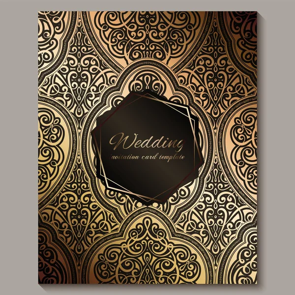 Wedding invitation card with black and gold shiny eastern and baroque rich foliage. Ornate islamic background for your design. Islam, Arabic, Indian, Dubai. — Stock Vector