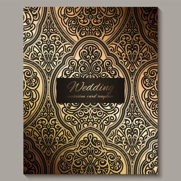 Hochzeitseinladungskarte mit schwarz und gold glänzendem orientalischem und barockem Blattwerk. Der islamische Hintergrund Ihres Entwurfs ist verschwenderisch. Islam, Arabisch, Indisch, Dubai. — Stockvektor