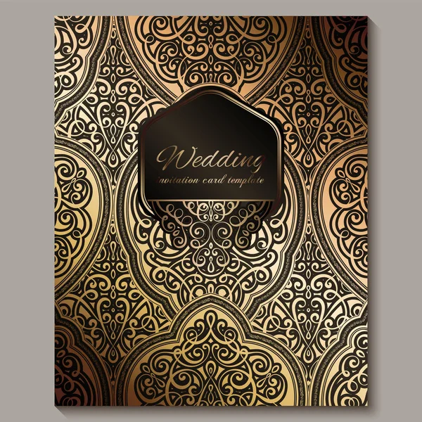 Bruiloft uitnodigingskaart met zwart en goud glimmend oostelijke en barokke rijke gebladerte. Sierlijke islamitische achtergrond voor je ontwerp. Islam, Arabic, Indian, Dubai. — Stockvector