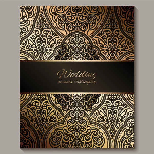 Wedding invitation card with black and gold shiny eastern and baroque rich foliage. Ornate islamic background for your design. Islam, Arabic, Indian, Dubai. — Stock Vector