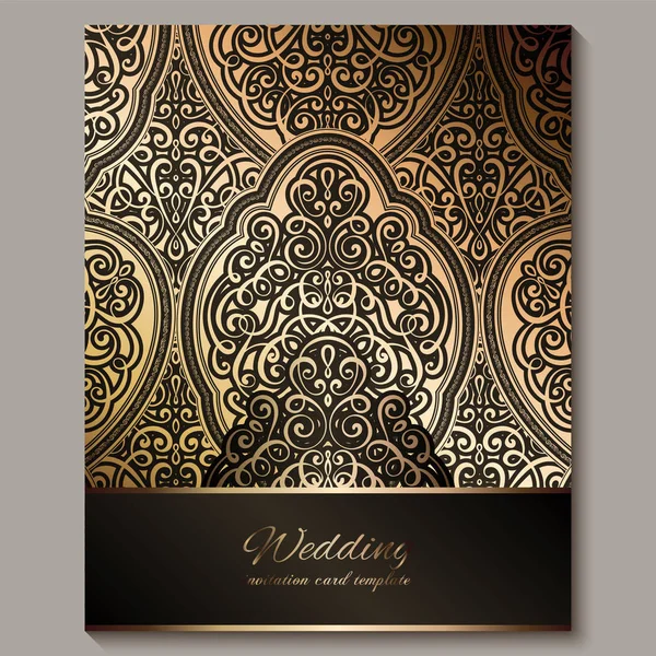 Cartão de convite de casamento com preto e ouro brilhante oriental e barroco rica folhagem. Ornate fundo islâmico para o seu projeto. Islã, árabe, indiano, Dubai . — Vetor de Stock