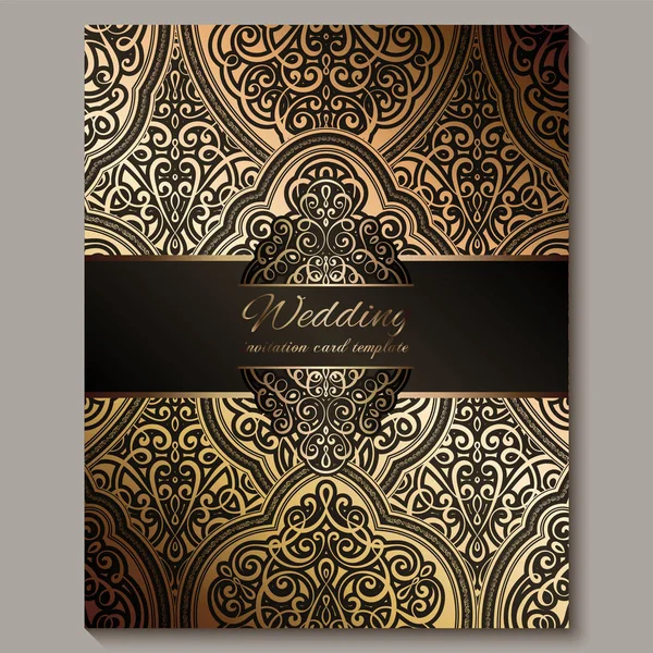 Bröllop inbjudningskort med svart och guld glänsande östra och barock rika lövverk. Utsmyckade islamisk bakgrund för din design. Islam, arabiska, indiska, Dubai. — Stock vektor