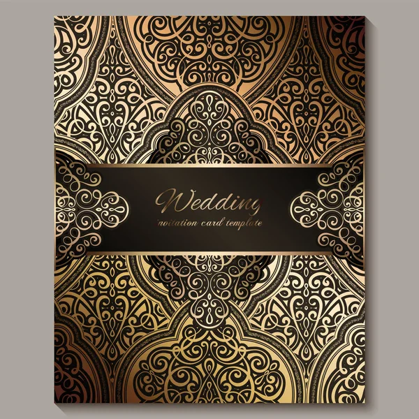 Wedding invitation card with black and gold shiny eastern and baroque rich foliage. Ornate islamic background for your design. Islam, Arabic, Indian, Dubai. — Stock Vector