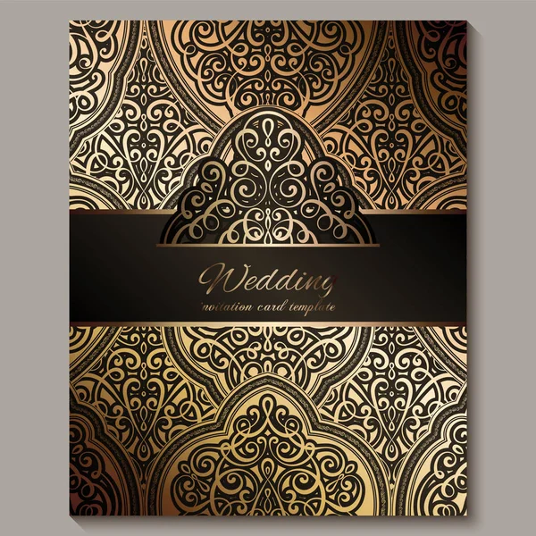 Cartão de convite de casamento com preto e ouro brilhante oriental e barroco rica folhagem. Ornate fundo islâmico para o seu projeto. Islã, árabe, indiano, Dubai . — Vetor de Stock