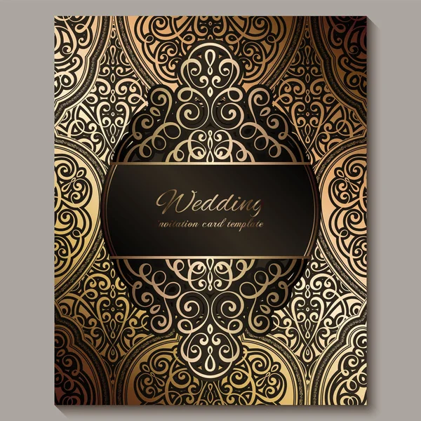 Hochzeitseinladungskarte mit schwarz und gold glänzendem orientalischem und barockem Blattwerk. Der islamische Hintergrund Ihres Entwurfs ist verschwenderisch. Islam, Arabisch, Indisch, Dubai. — Stockvektor