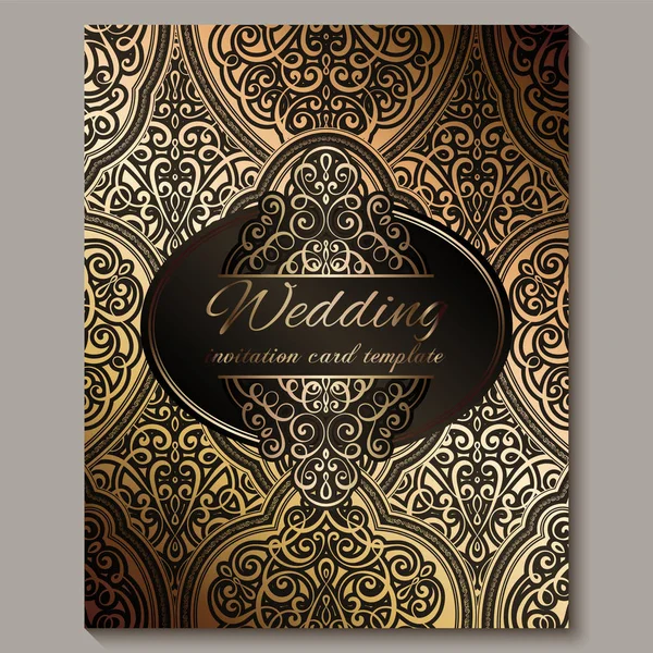 Tarjeta de invitación de boda con negro y oro brillante follaje rico oriental y barroco. Fondo islámico adornado para su diseño. Islam, árabe, indio, Dubai . — Vector de stock