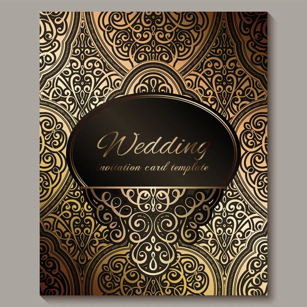 Tarjeta de invitación de boda con negro y oro brillante follaje rico oriental y barroco. Fondo islámico adornado para su diseño. Islam, árabe, indio, Dubai . — Vector de stock