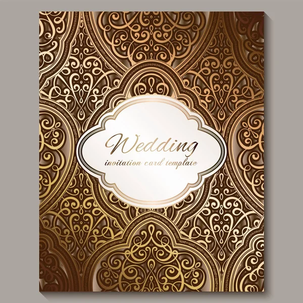Γαμήλια πρόσκληση με χάλκινο και χρυσό γυαλιστερό ανατολικό και μπαρόκ πλούσιο φύλλωμα. Περίτεχνο ισλαμικό υπόβαθρο για το σχέδιό σου. Ισλάμ, Αραβικός, Ινδός, Ντουμπάι. — Διανυσματικό Αρχείο