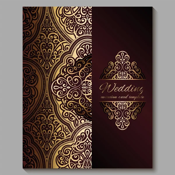 Tarjeta de invitación de boda con oro brillante follaje rico oriental y barroco. Fondo islámico adornado rojo real para su diseño. Islam, árabe, indio, Dubai . — Vector de stock