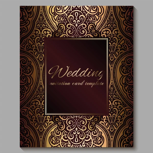 Wedding invitation card with gold shiny eastern and baroque rich foliage. Royal red Ornate islamic background for your design. Islam, Arabic, Indian, Dubai. — Stock Vector