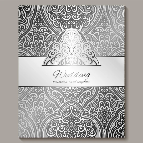 Cartão de convite de casamento com prata brilhante oriental e barroco rica folhagem. Intricate Ornate fundo islâmico para o seu projeto. Islã, árabe, indiano, Dubai . — Vetor de Stock