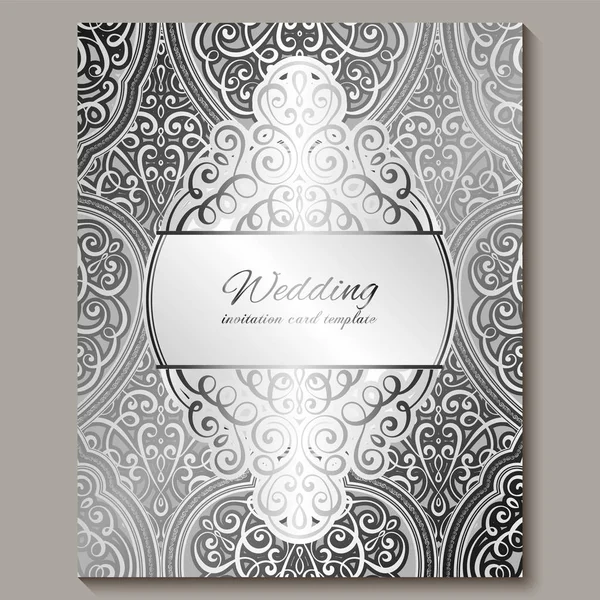 Bruiloft uitnodigingskaart met zilver glanzend Oosterse en barokke rijke loof. Ingewikkelde sierlijke islamitische achtergrond voor uw ontwerp. Islam, Arabisch, Indisch, Dubai. — Stockvector