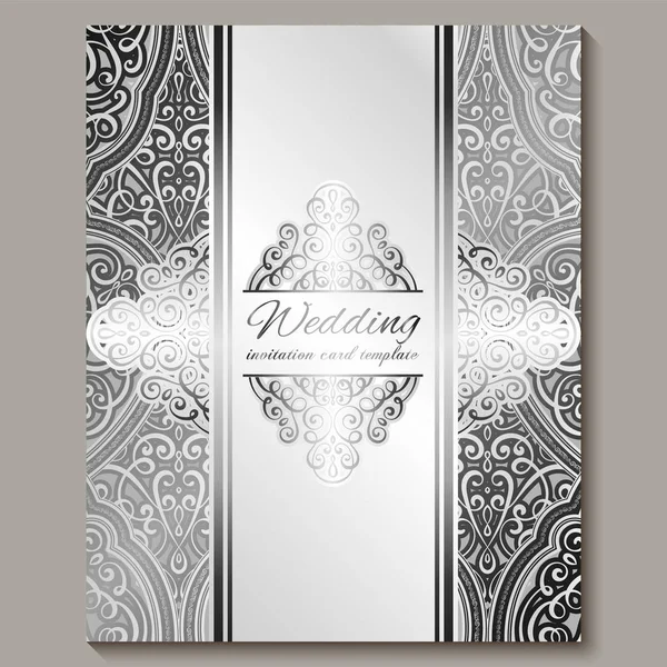 Cartão de convite de casamento com prata brilhante oriental e barroco rica folhagem. Intricate Ornate fundo islâmico para o seu projeto. Islã, árabe, indiano, Dubai . —  Vetores de Stock