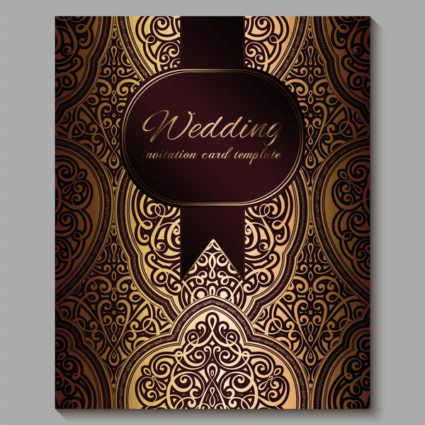 Wedding invitation card with gold shiny eastern and baroque rich foliage. Royal red Ornate islamic background for your design. Islam, Arabic, Indian, Dubai. — Stock Vector
