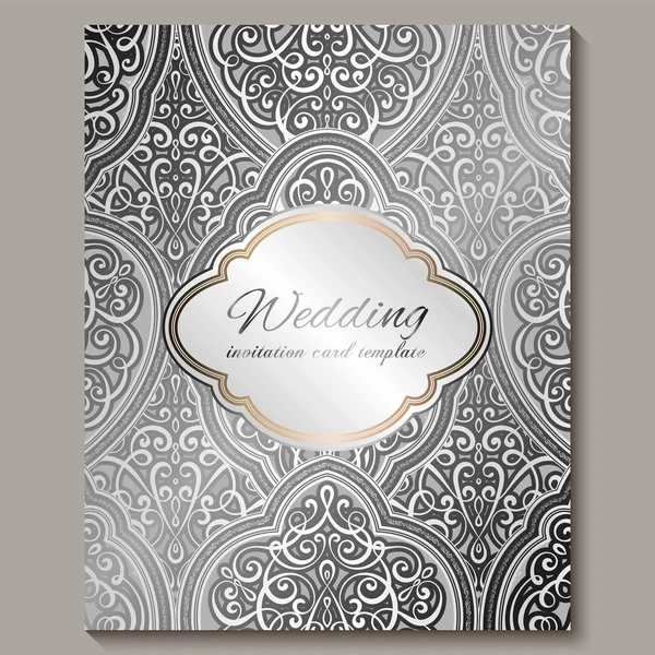 Wedding invitation card with silver shiny eastern and baroque rich foliage. Intricate Ornate islamic background for your design. Islam, Arabic, Indian, Dubai. — Stock Vector