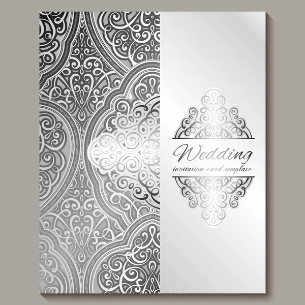 Hochzeitseinladungskarte mit silbrig glänzendem orientalischem und barockem Blattwerk. komplizierte reich verzierte islamische Hintergrund für Ihr Design. Islam, Arabisch, Indisch, Dubai. — Stockvektor