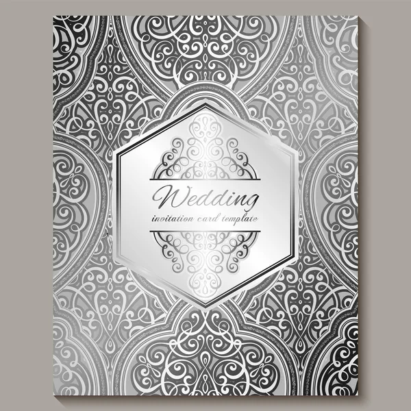 Γαμήλια πρόσκληση με ασημένιο γυαλιστερό ανατολικό και μπαρόκ πλούσιο φύλλωμα. Περίπλοκο περίτεχνο ισλαμικό υπόβαθρο για το σχέδιό σας. Ισλάμ, Αραβικός, Ινδός, Ντουμπάι. — Διανυσματικό Αρχείο