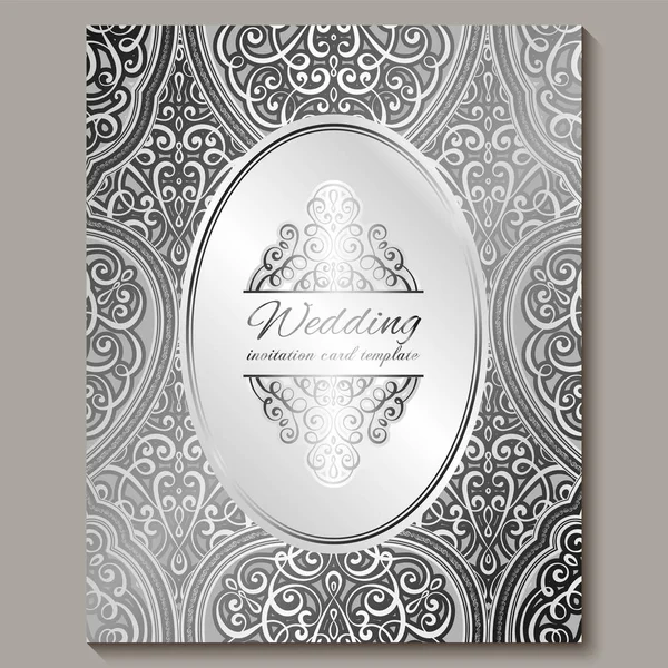 Tarjeta de invitación de boda con follaje rico en plata brillante oriental y barroco. Fondo islámico intrincado adornado para su diseño. Islam, árabe, indio, Dubai . — Vector de stock