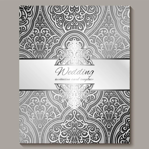 Wedding invitation card with silver shiny eastern and baroque rich foliage. Intricate Ornate islamic background for your design. Islam, Arabic, Indian, Dubai. — Stock Vector