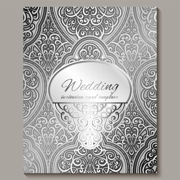 Wedding invitation card with silver shiny eastern and baroque rich foliage. Intricate Ornate islamic background for your design. Islam, Arabic, Indian, Dubai. — Stock Vector