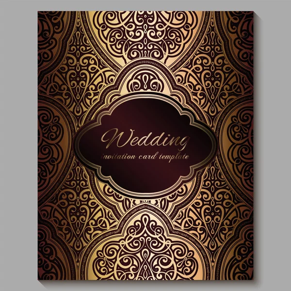 Wedding invitation card with gold shiny eastern and baroque rich foliage. Royal red Ornate islamic background for your design. Islam, Arabic, Indian, Dubai. — Stock Vector