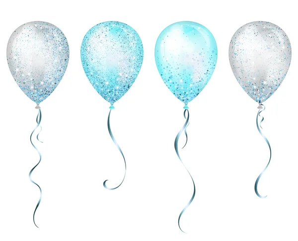 Flying glossy blue shiny realistic 3D helium balloons with gold ribbon and glitter sparkles, perfect decoration for birthday party brochures, invitation card or baby shower — Stock Vector