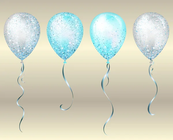 Palloncini di elio 3D realistici lucidi blu lucido volanti con nastro dorato e scintille scintillanti, decorazione perfetta per brochure di feste di compleanno, biglietti d'invito o baby shower — Vettoriale Stock