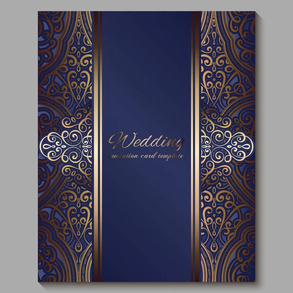 Svatební přání se zlatým lesklým východním a barokním bohatým listím. Královská modrá zdobená islámská minulost pro váš design. Islám, arabština, Indián, Dubaj. — Stockový vektor