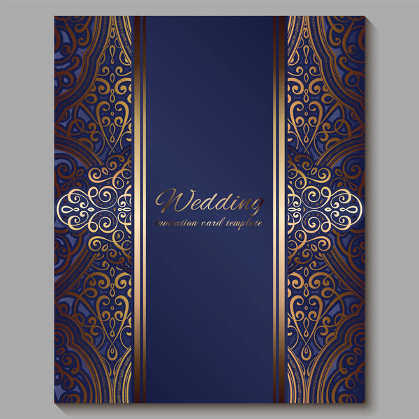 Wedding invitation card with gold shiny eastern and baroque rich foliage. Royal blue Ornate islamic background for your design. Islam, Arabic, Indian, Dubai.